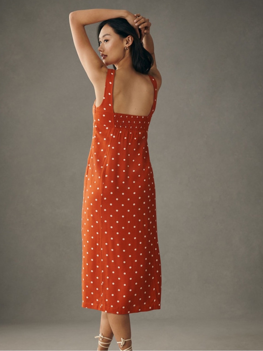 Maeve Anthropologie Orange Polka Dot Midi Dress with Front Slit Size 2 - Picture 2 of 7